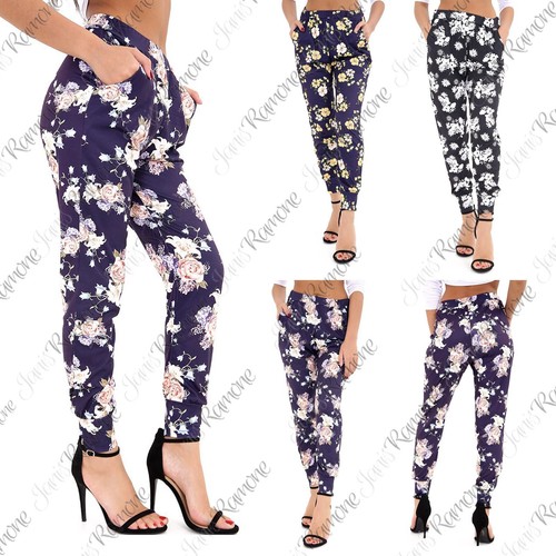 New Womens Floral Print Full Ankle Length Elasticated Waist Trouser Summer Pants