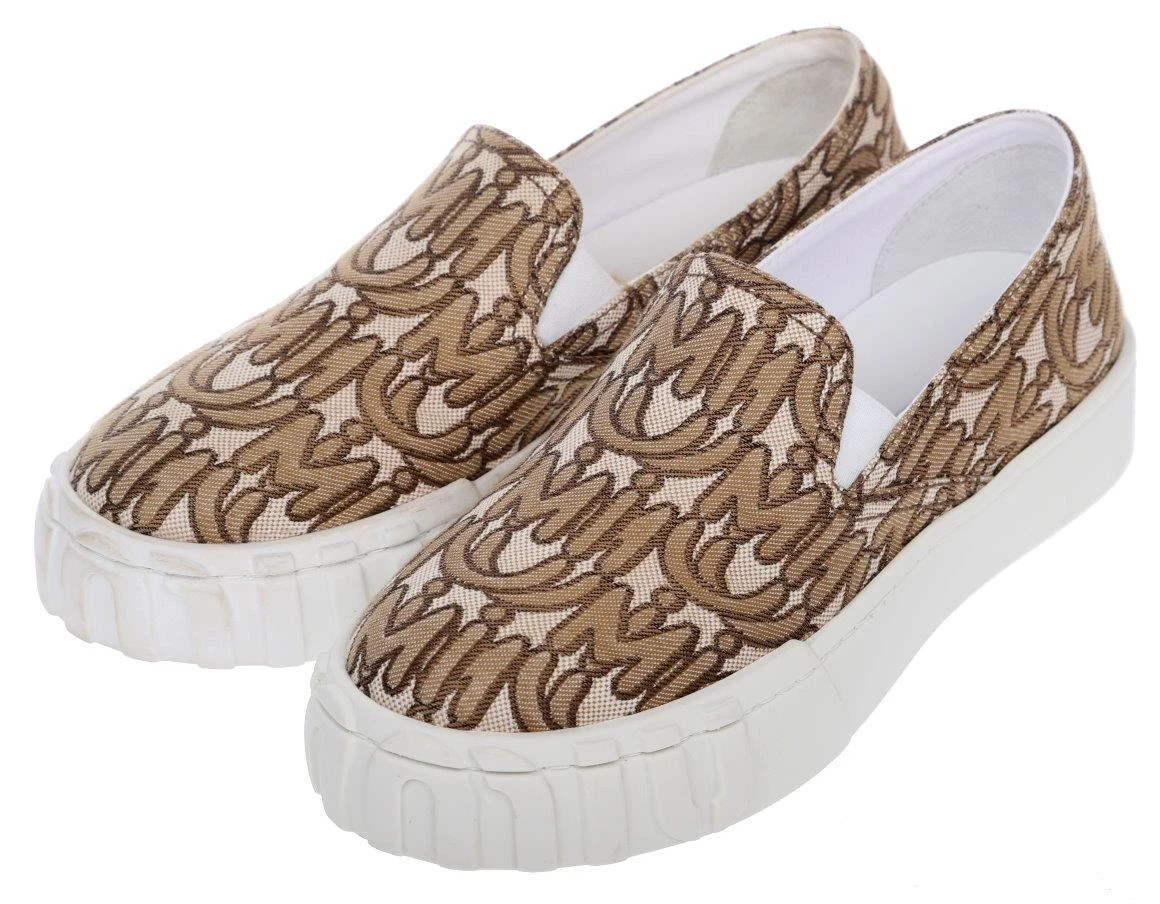 MIU MIU NUOVE SCARPE SNEAKER SLIP ON MIU BEIGE MARRONE JACQUARD CON LOGO PLATEAU 37 US 7