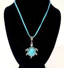 SKY BLUE SUEDE CORD,TURQUOISE BLUE NATURAL STONE TURTLE CHARM SILVER NECKLACE 