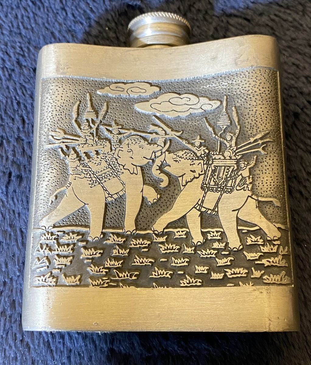 【英国ビンテージ】七宝焼★ニワトリさん★純銀ピック THAILAND Bangkok Kajit Pewter 97% Tin Ornate Elephants Flask