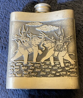 THAILAND Bangkok Kajit Pewter 97% Tin Ornate Elephants Flask Canteen