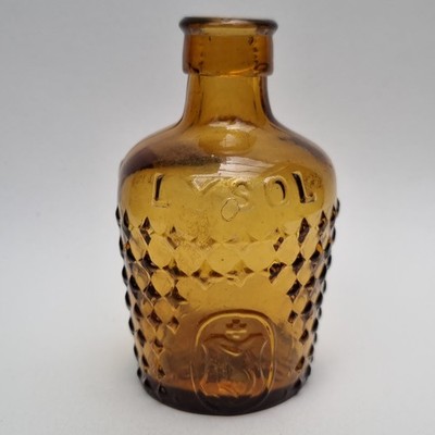 Antike Bernstein Lysol Flaschenstiefel komplett britisch Diamant geprägt Chemiker um 1910