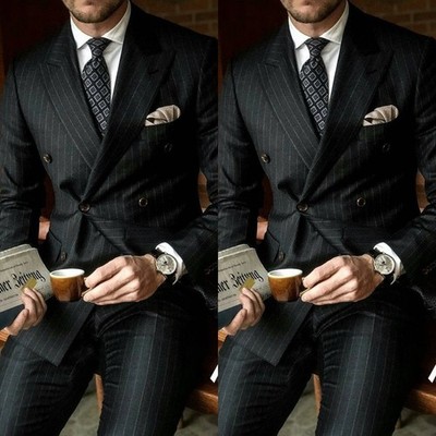 Black Striped Men's Suits Peak Lapel Double Breasted Formal Business Men Tuxedos