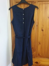 M&S Collection Navy Sleeveless Linen Dress With Pockets and Tie Belt Size 16