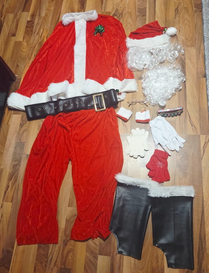 Velour Santa Suit Adult Mens Sz 50-54 Plus Wig-Beard-Gloves-Glasses - Image 2 of 4