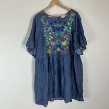 Crown & Ivy Dress Denim Chambray Mini Embroidered Floral Cottagecore colorful