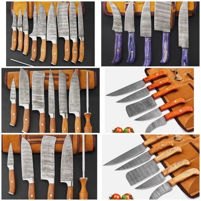 Custom Lot of 6 Damascus Kitchen Knives Set/Chef knife set with Leather roll bag