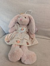 Pink Bunny Stuffed Animal In Floral Lace Dress, Cottage, 14in