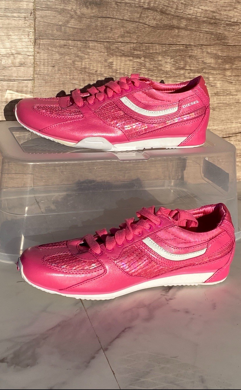 Womens Rare Vintage Diesel Parandy Trainers Pink Sequin & Leather Shoes