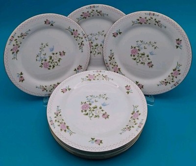 Vintage Crown Ming China BIRD OF PARADISE Set of 8 DINNER PLATES Pink Blue Gold.