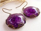 Brass & Amethyst Quartz Glass Earrings - Purple / Round / Pierced Hand Crafted — photo 2