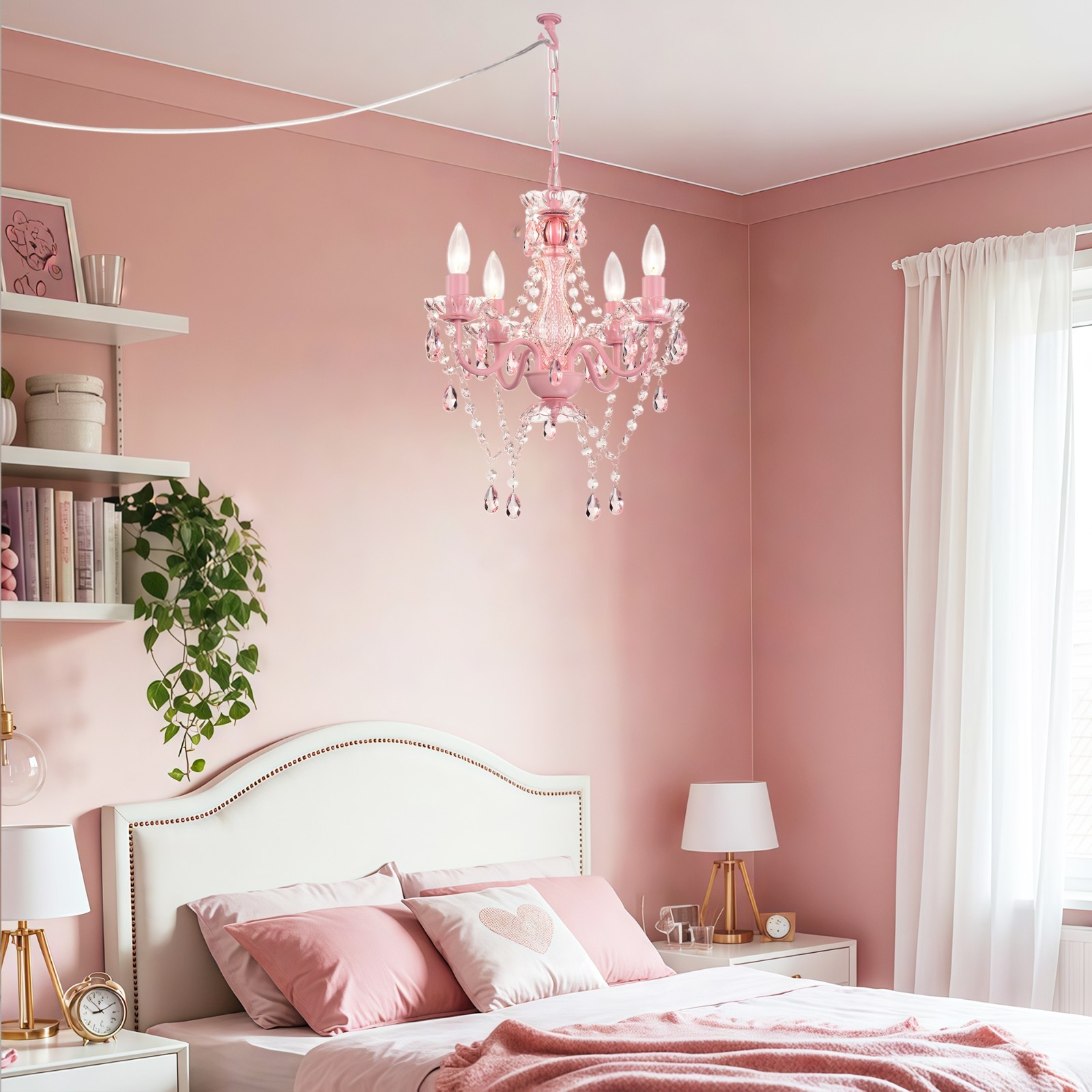 Plug-In Crystal Chandelier Pink 4-Light Mini Ceiling Fixture for Girls Bedroom