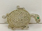 Vintage DeNICOLA Silver Tone Emerald Green Eye Turtle Pin Brooch Costume Jewelry
