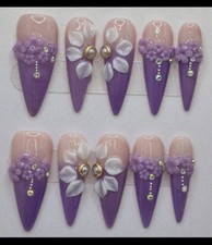 Purple Press On Nails, Long Stiletto, Violet Lilac 3D Floral, Rhinestone  