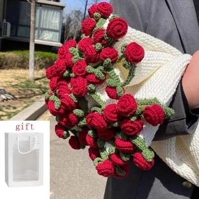 Crochet Rose Flower Bouquet Throw Blanket Handmade Knitted Gift with Bag