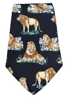 Vtg A. Rogers Lion Print Handmade Men s Tie Black 4  Polyester Safari Novelty