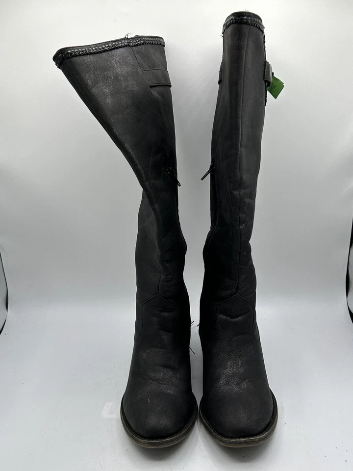 Bota hasta la rodilla de tacón ancho para mujer talla 9 correa de hebilla de cuero negro punta almendra Foto 2 de 4