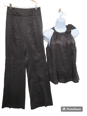 Sz 4 NWT Per Se Dress OUTFIT Tank Top Wide Leg Pants SILK Dark Brown Academia S