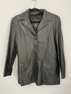 Arpel black leather jacket lined pockets button up collar womens