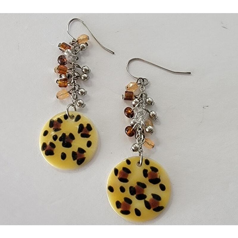 Vintage Leopard Print Shell Disc Dangle Earrings - image 2