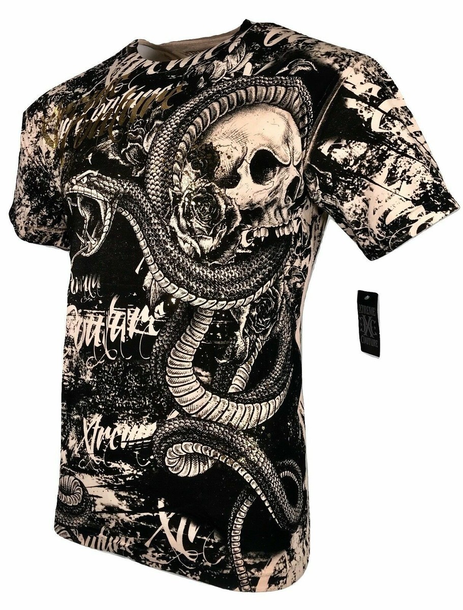 Maglietta Affliction T-Shirt Affliction Xtreme Couture - Con Stampa Teschio Biker, Taglie S-5XL, In Cotone, Colore Sabbia T-shirt Affliction Uomo - Foto 9