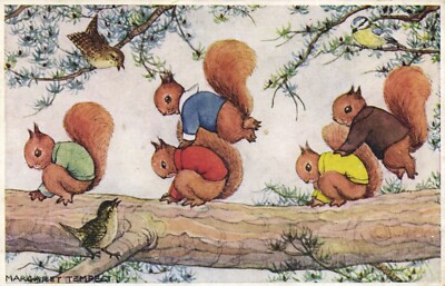 PC MARGARET TEMPEST ARTIST SIGNED EICHHÖRNCHEN SPRUNGFROSCH, Vintage Postkarte (b55312)