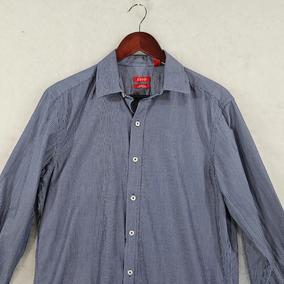 IZOD Mens Dress Shirt Long Sleeve Slim Fit Button Up Cotton Striped Blue White M - Image 4 of 4