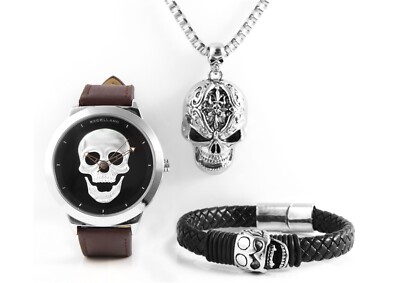 Excellanc Geschenkset Herren Armbanduhr Kette Armband Totenkopf