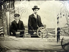 Men in Boat - Tintype Photo - American Flag - Gallery pose   Delhil NY - ca 1880