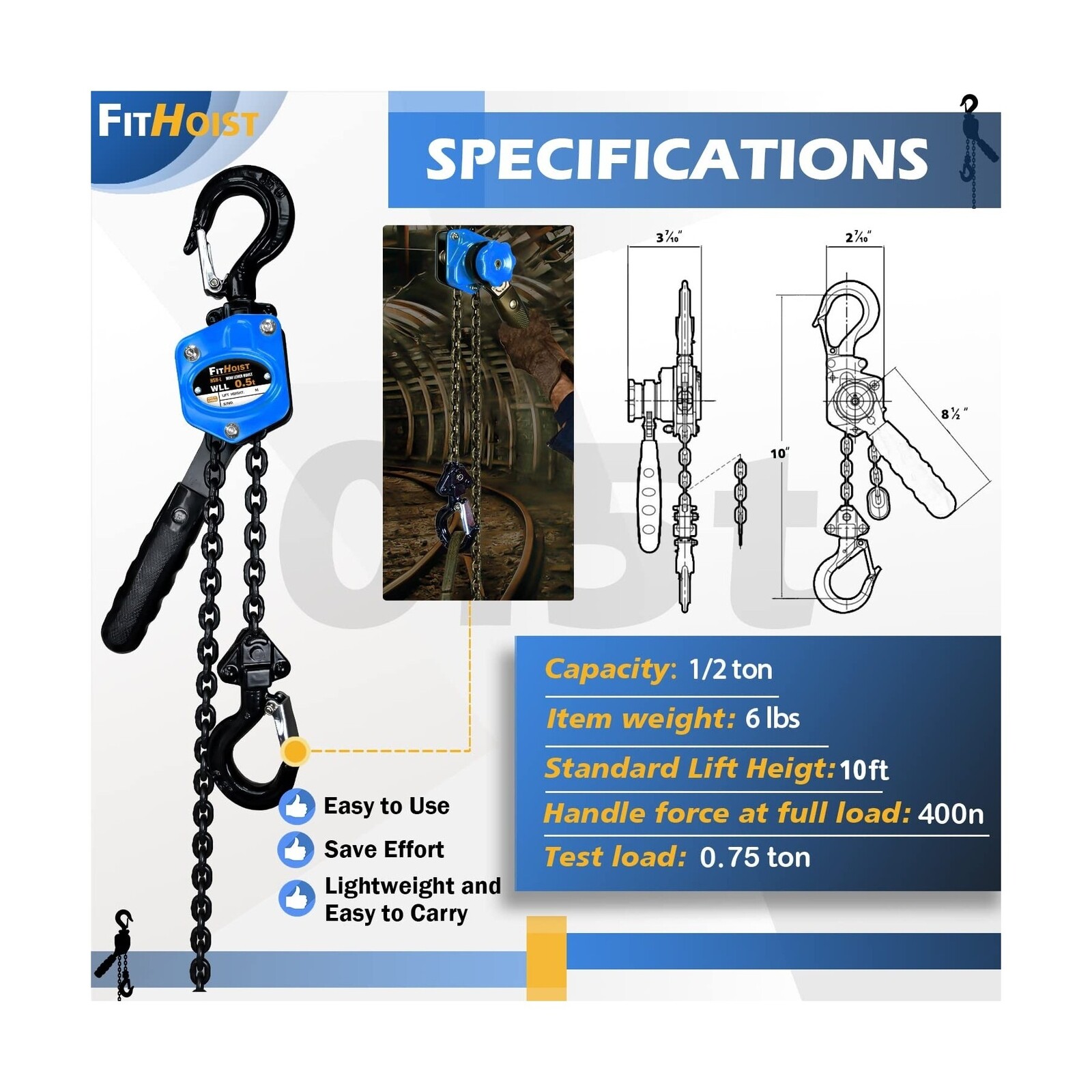 Chain Hoist Come Along 1/2 Ton | Mini Lever Chain Hoist 1100Lbs Capacity with...