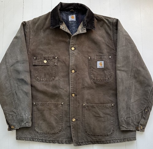 Vtg Carhartt CB182 Blanket-Lined Coat Jacket Chore Chestnut Brown 90s Distressed