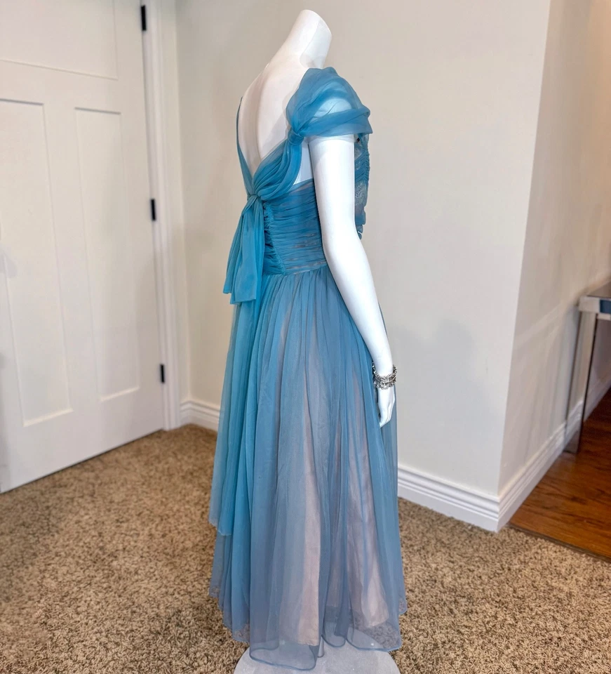 VESTIDO DE GRADUACIÓN DE TUL VINTAGE AÑOS 50 S Lazo Dama de honor Formal Fiesta Corsé Azul Midi Foto 3 de 4