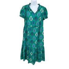 J.Crew Midi Dress Womens 4 Green Blue Floral Cotton Tiered Puff Sleeve Boho