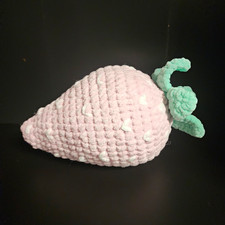 Handmade Crochet Strawberry Plush Stuffed Pillow, Pink/Green, 11 in