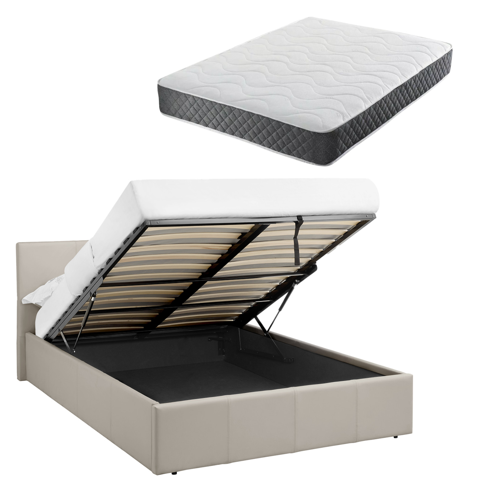 Single 3FT Ottoman Bed Cream Beige Faux Leather + Spring & Foam Mattress LUNA