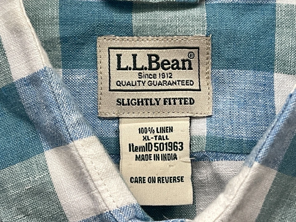 LL Bean Shirt Mens XL Tall Blue Gingham 100% Linen Button Down Short Sleeve - Image 2 of 4
