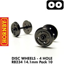 Image of DISC WHEELS & AXELS 14.1mm 4 hole Pack10 OO Gauge 1:76 model rail HORNBY R8234