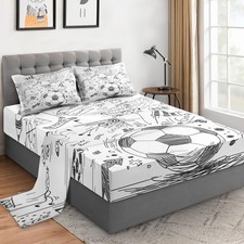 Twin Size 3 Pcs Bed Fitted Sheet Set with 14" Deep Pocket, Game Soccer Painti...