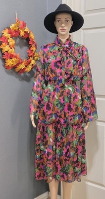 MISA Los Angeles Womens Merce Ruffle Neck Tie Midi Dress Pink Jewel Floral Sz Xs