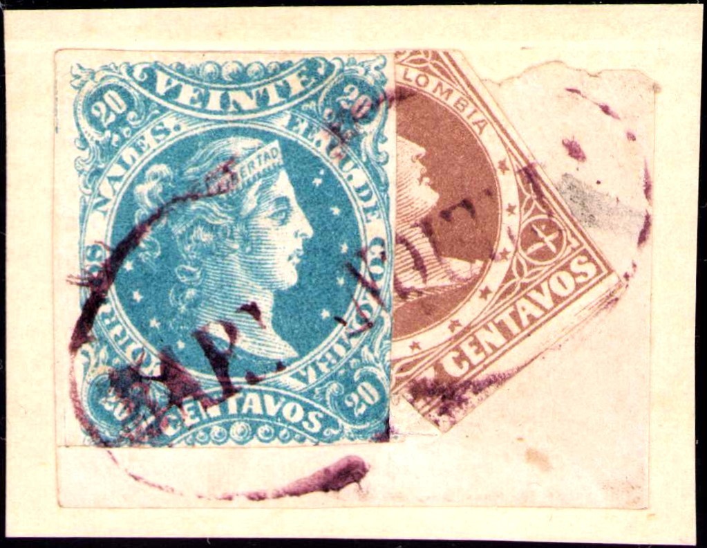 COLOMBIA - CLASSIC - 25c BISECTED ON PIECE - BARRANQUILLA - Sc 74+75 - 1870's RR