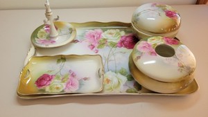 Antique Swartzburg Dresser Vanity Tray and Accessories  7 pieces Hand Painted