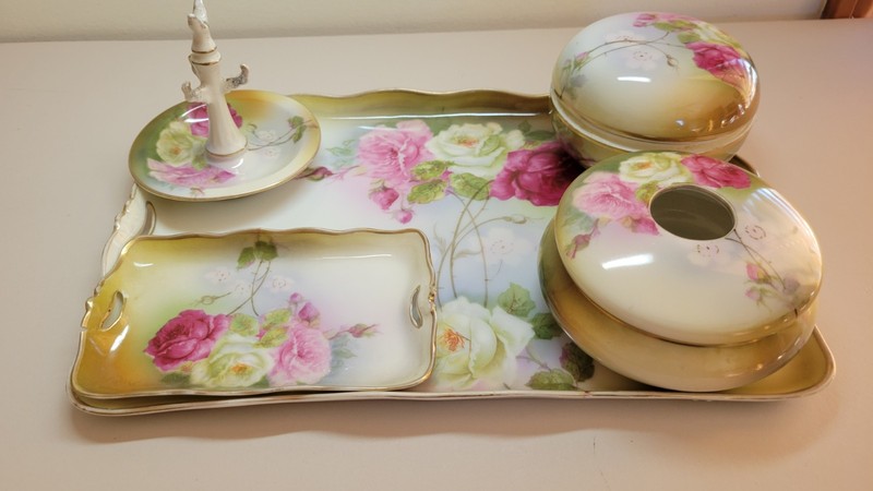 Antique Swartzburg Dresser Vanity Tray and Accessories  7 pieces Hand Painted