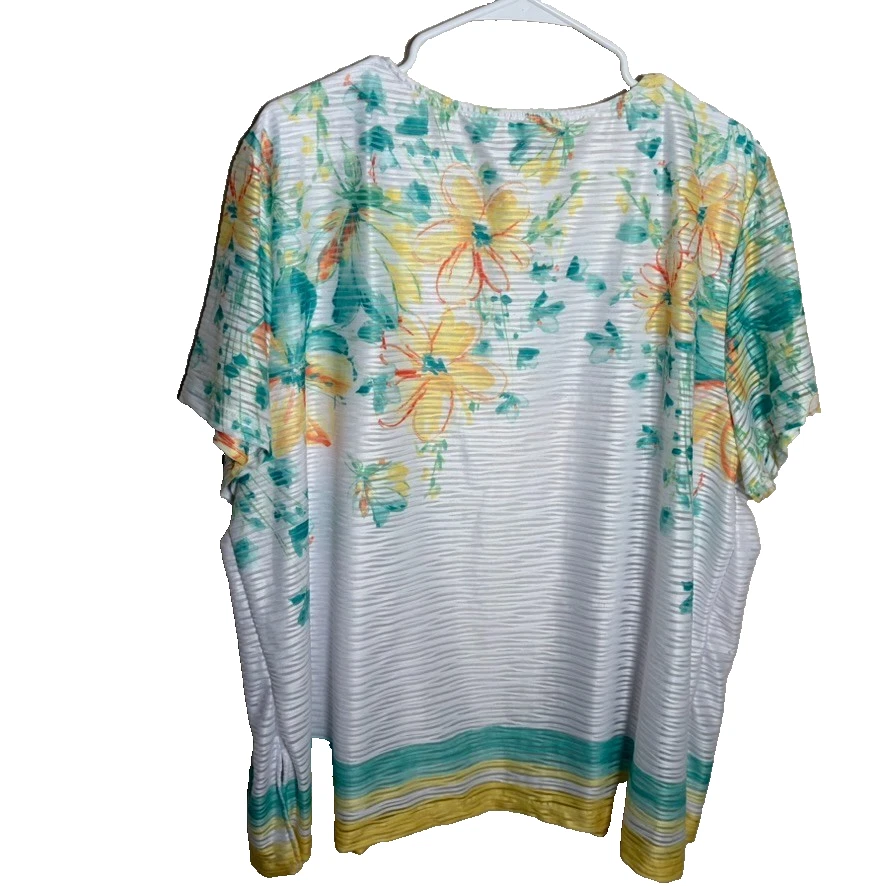 Alfred Dunner 女式 2X V 领花卉短袖休闲上衣透明 — 第 2/4 张图片