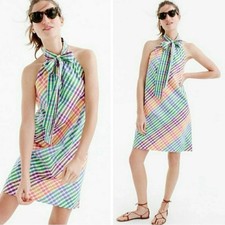 NWT J Crew Rainbow Gingham Plaid Tie Neck Mini Shift Dress 00 0 Cotton