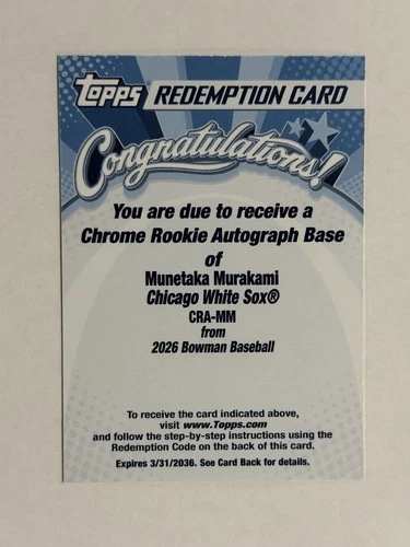 2026 Bowman Munetaka Murakami Chrome Rookie Auto - Base- Redemption #CRA-MM