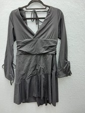 Women Dress Black Long Sleeve V-Neck Wrap Style Ruched Waist Tie Cuffs Mini