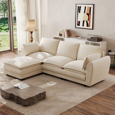 103.7'' Chenille Sofa Couch with Ottoman Removable Covers Wide Armrests Beige