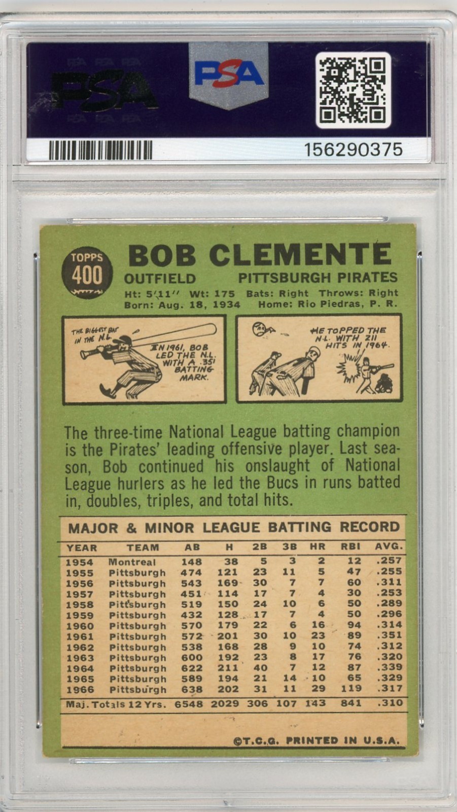 1967 Topps #400 Roberto Clemente PSA 4 VG-EX Vintage HOF Pittsburgh Pirates view 2