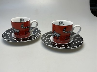 Set Of 2 KONITZ Red White Black Demitasse Espresso Cups and Saucers Dogs Cat 