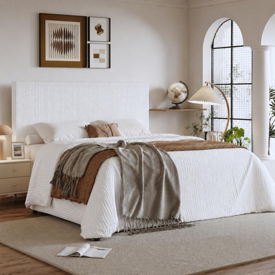 Elegant White Velvet King Bed Frame with Tufted Headboard & Strong Slats
